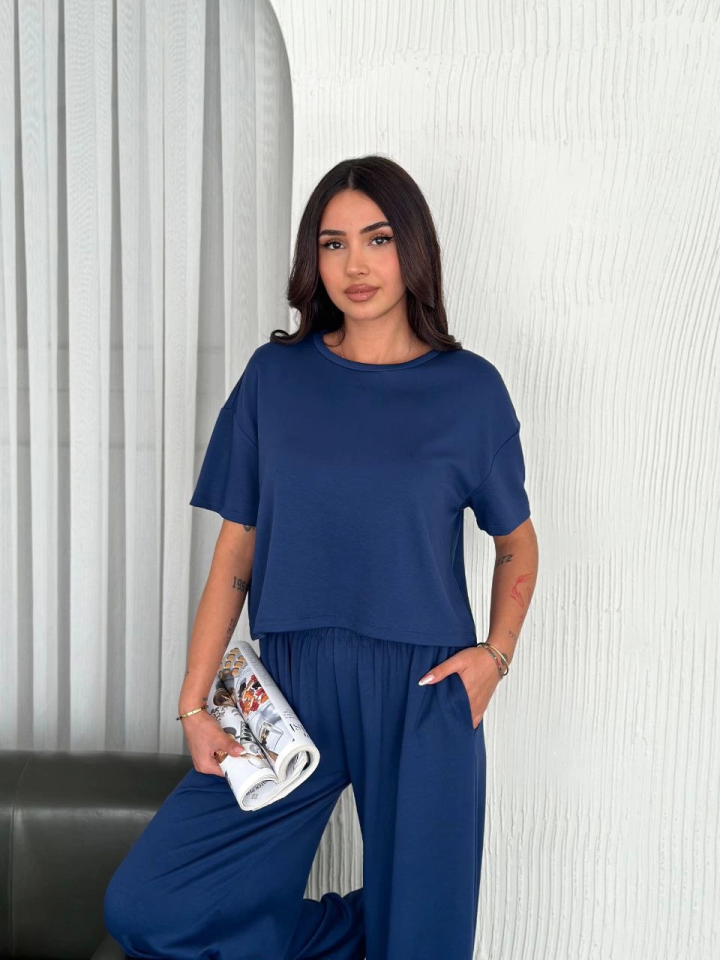 Osy Modal Yumuşak Dokulu Kumaş Bisiklet Yaka T-shirt Bol Paça Pantalon Ikili Takım -Saks Mavi
