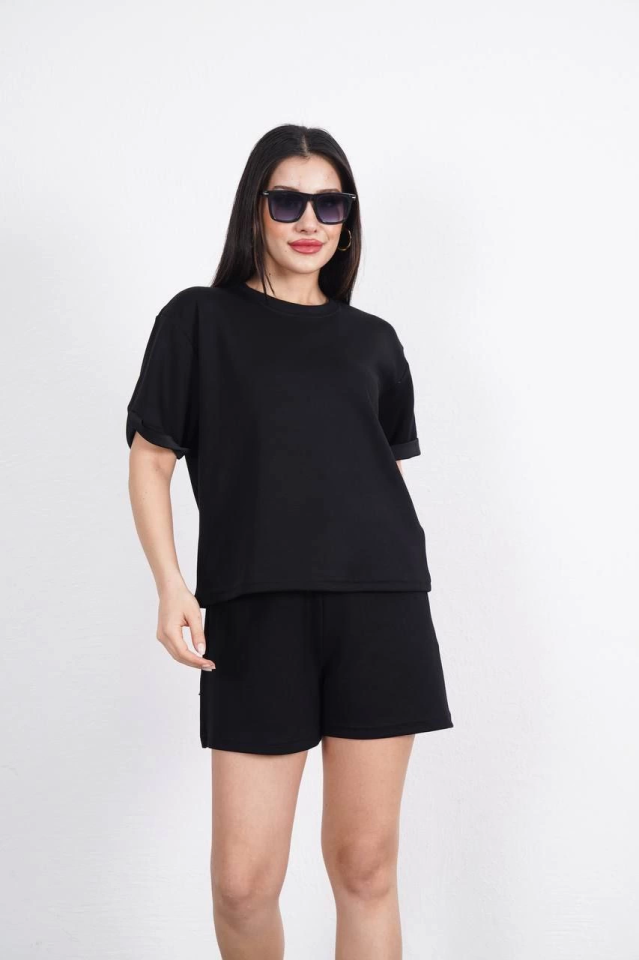 Osy Modal Yumuşak Dokulu Kumaş Bisiklet Yaka T-shirt Kısa Şort İkili Takım - Siyah