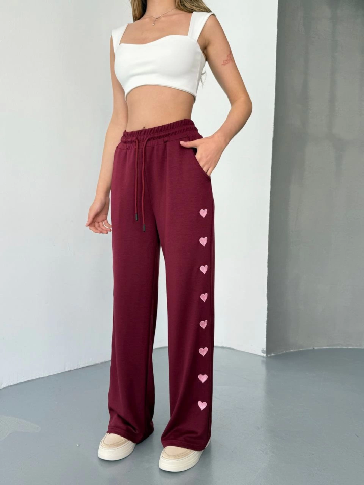 Osy Modal Yumuşak Dokulu Kumaş Nakış Işlemeli Rahat Bol Paça Eşofman Pantalon - Bordo