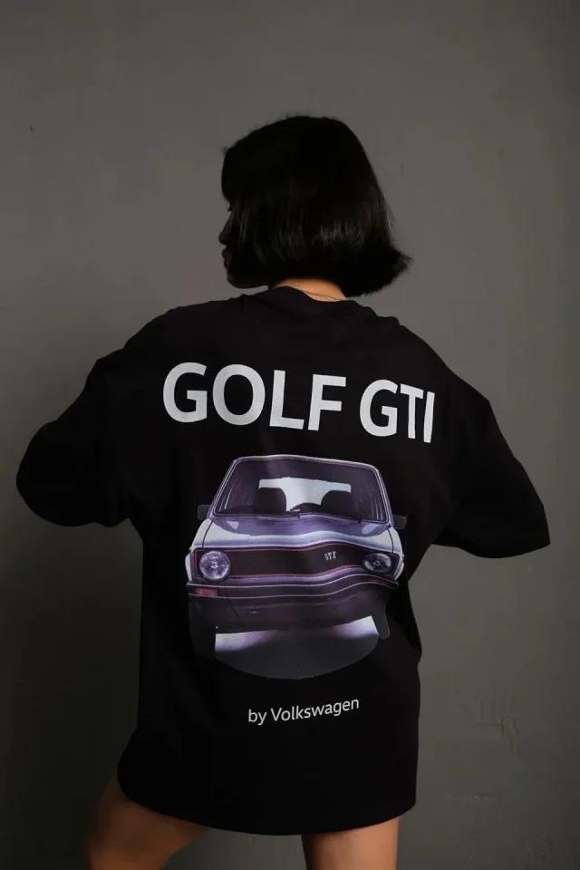 Oversize Baskılı Tişört – Golf GTI Retro Araba Desenli, Ön - Arka Dijital Baskı, Sokak Modası Stil - Siyah
