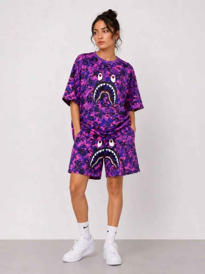 Oversize Kalıp Pubg Bape X Shark Nakışlı Cepli Şort Takım - Mor