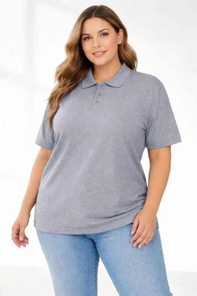 Pike Kumaş Düğmeli Yaka Battal Büyük Beden Günlük Kısa Kol Tişört T-shirt - Gri