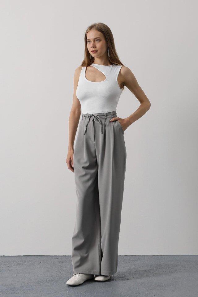 Pileli Bağcıklı Oversize Pantolon - Gri