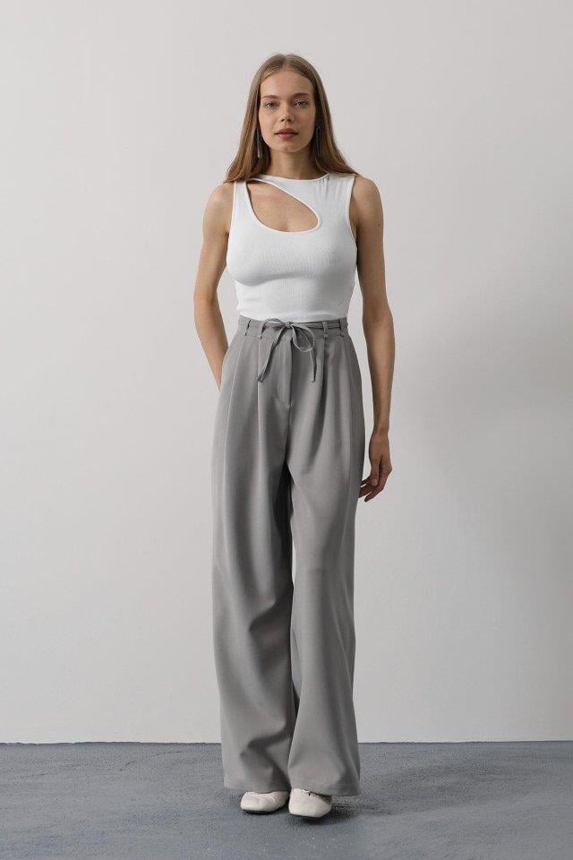Pileli Bağcıklı Oversize Pantolon - Gri