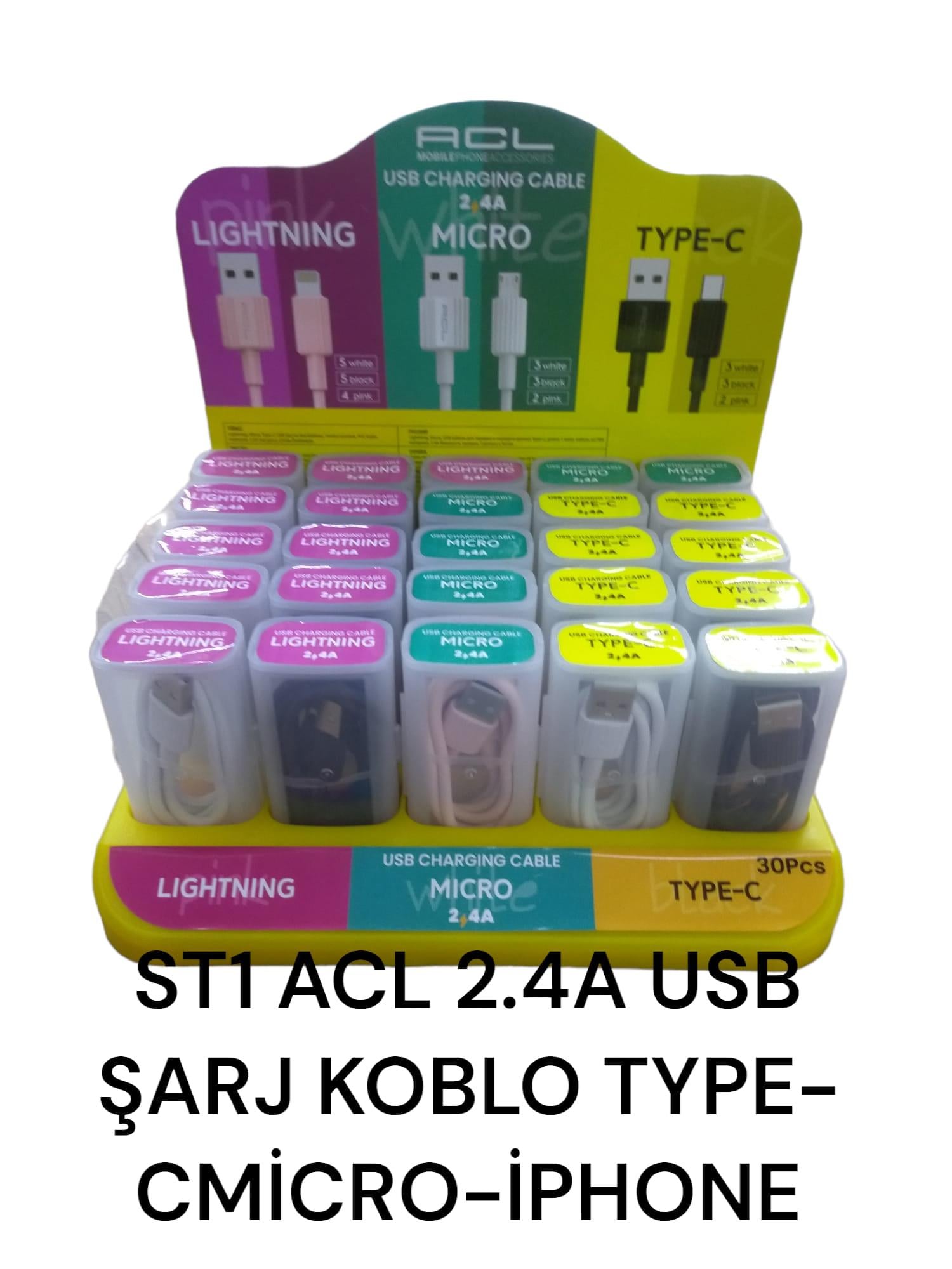 ST1   ACL 2.4A USB ŞARJ+DATA  KABLO SETİ - Type-C/Micro/Lightning