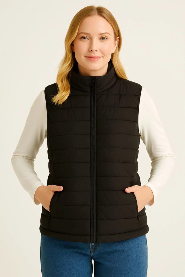 Şişme Fermuarlı Yelek Su Itici Kapitone Astarlı Kumaş Cepli Hafif Kışlık Spor Rahat Kalıp - Siyah