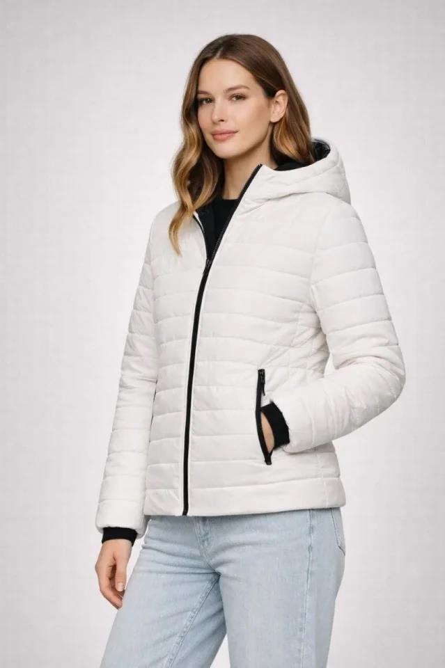 Şişme Kapüşonlu Fermuarlı Mont Su Itici Kapitone Astarlı Kumaş Cepli Kışlık Rahat Kalıp - Krem