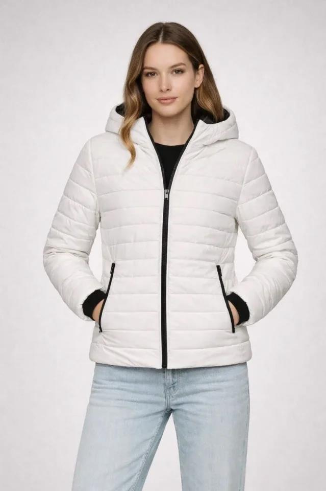 Şişme Kapüşonlu Fermuarlı Mont Su Itici Kapitone Astarlı Kumaş Cepli Kışlık Rahat Kalıp - Krem