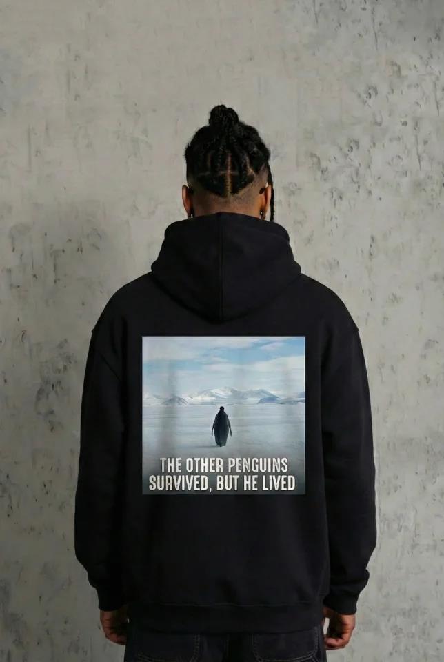 Siyah Oversize Hoodie - Sırt Baskılı Survivor Penguin Temalı, Felsefi Yazılı Kapüşonlu Sweatshirt - Siyah