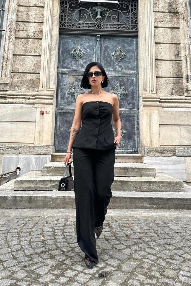Siyah Straplez Düğmeli Crop Ve Pantolon Takım