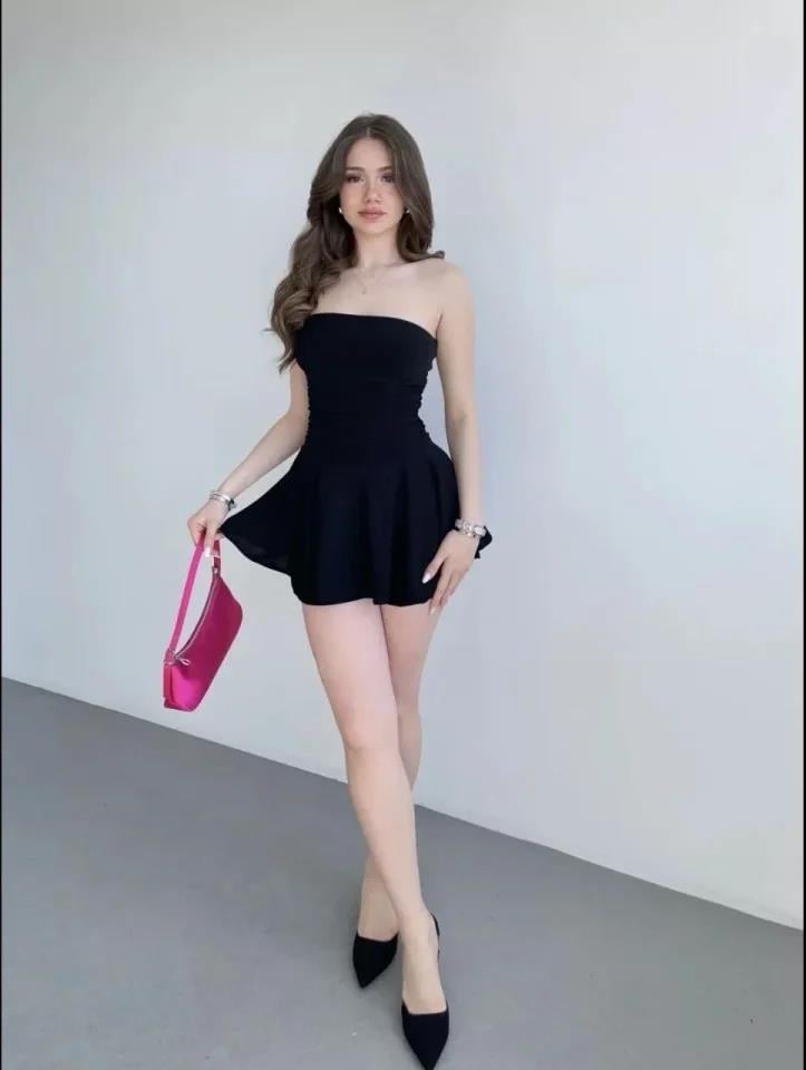 Straplez Mini Etek Görünümlü Şortlu Elbise Büzgülü Şık Yazlık - Siyah