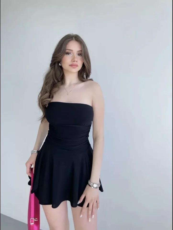 Straplez Mini Etek Görünümlü Şortlu Elbise Büzgülü Şık Yazlık - Siyah