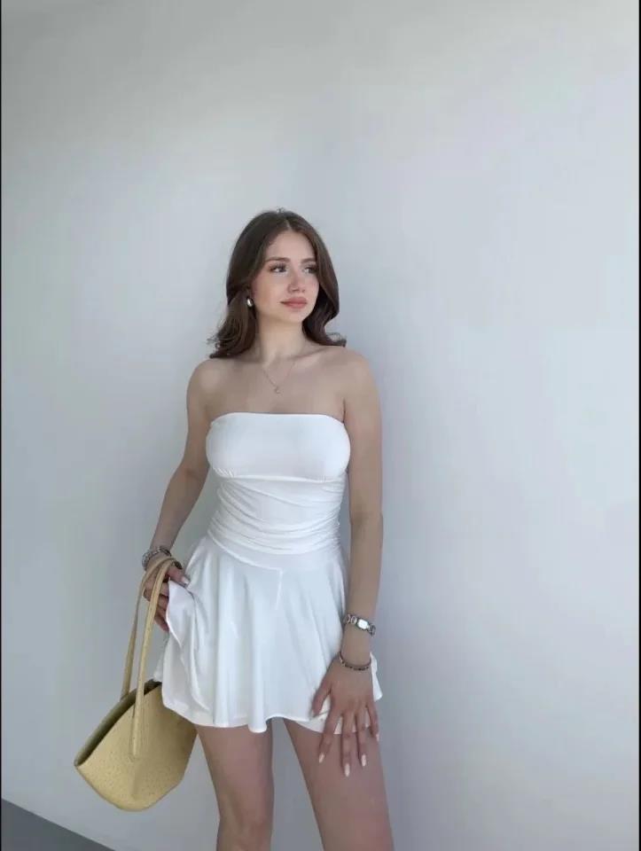 Straplez Mini Etek Görünümlü Şortlu Elbise Büzgülü Şık Yazlık - Beyaz