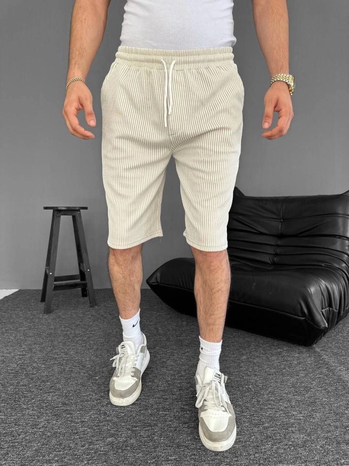 Su Yolu Çizgili Cepli Şort- Bej