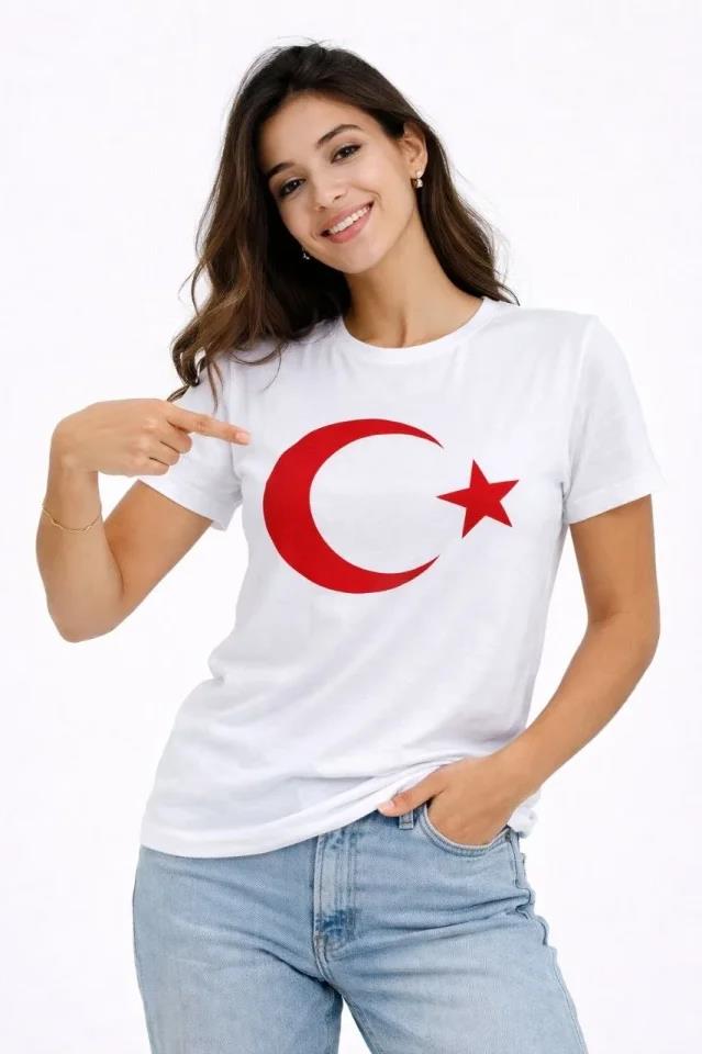 T-Shirt Kısa Kol Bisiklet Yaka Ay Yıldız Bayrak Baskılı Tişört - Beyaz