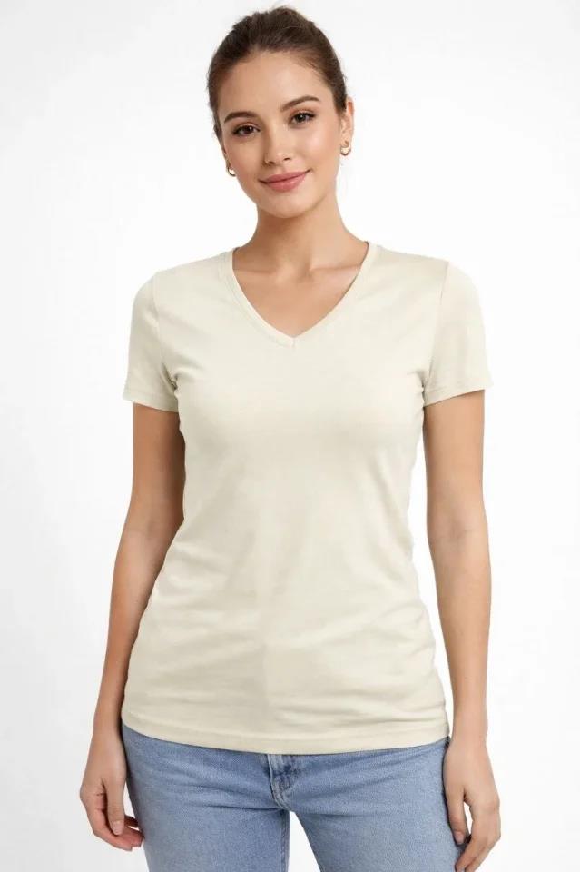 T-Shirt V Yaka Slim Fit Likralı Tişört Günlük Basic Body - Taş
