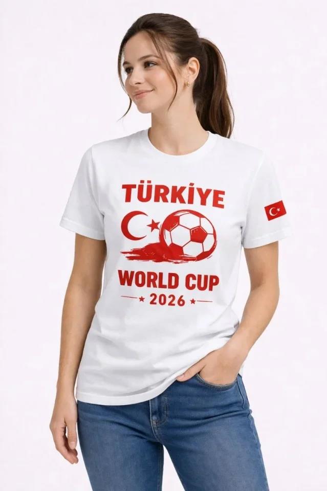 Türkiye World Cup 2026 Baskılı Tişört Futbol Temalı Forma T-Shirt - Beyaz