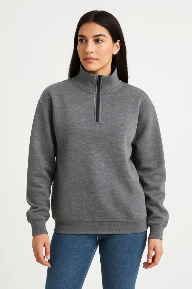 Üç İplik Dık Yaka Yarım Fermuarlı SweatShirt - Antrasit