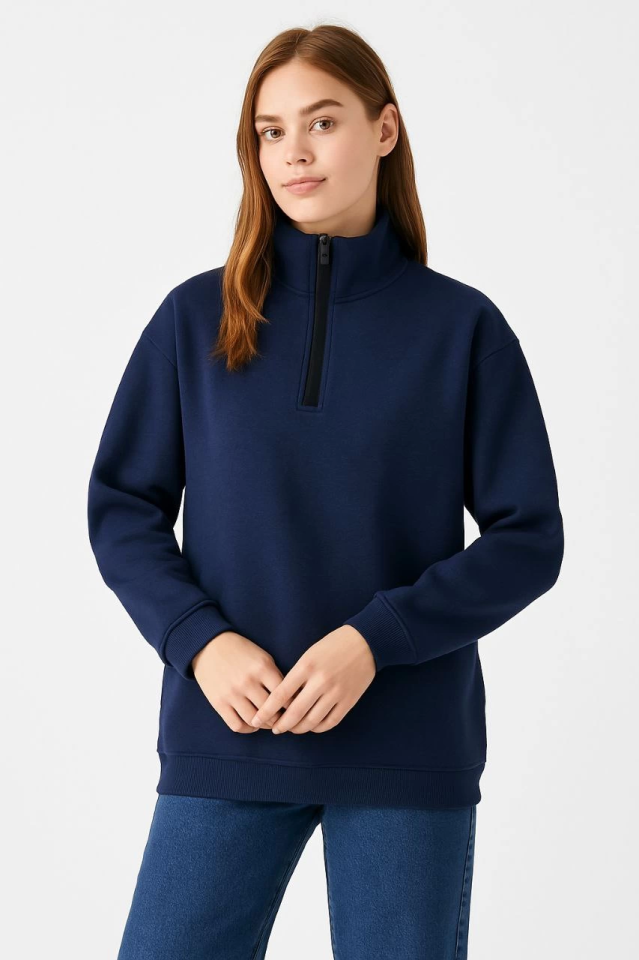 Üç İplik Dık Yaka Yarım Fermuarlı SweatShirt - Lacivert