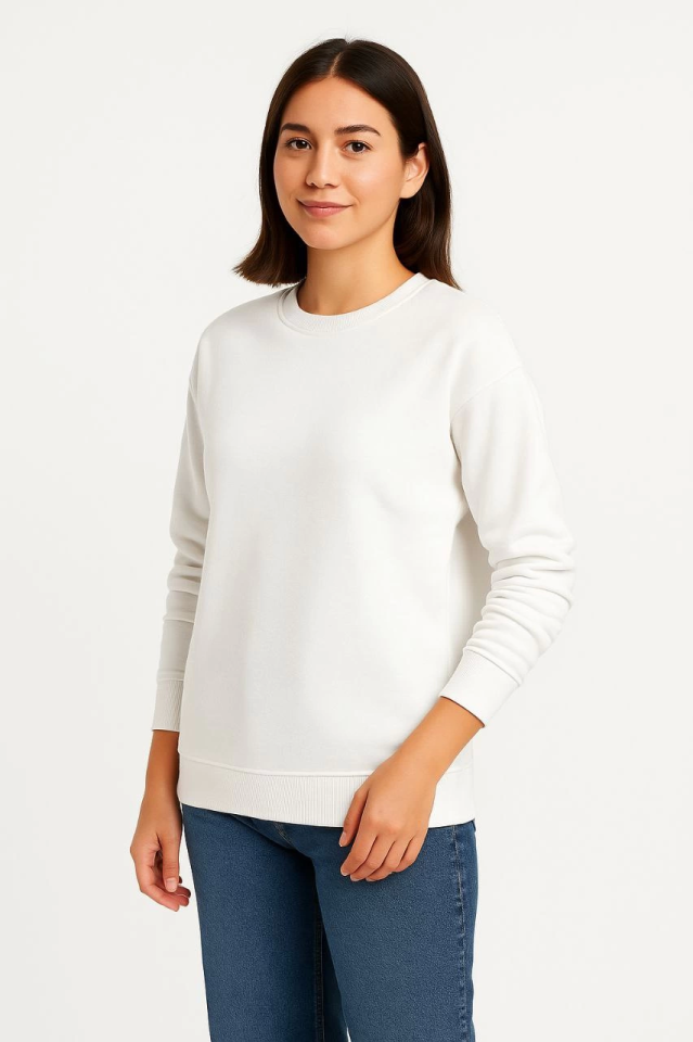 Üç İplik Düz Bisiklet Yaka SweatShirt - Beyaz