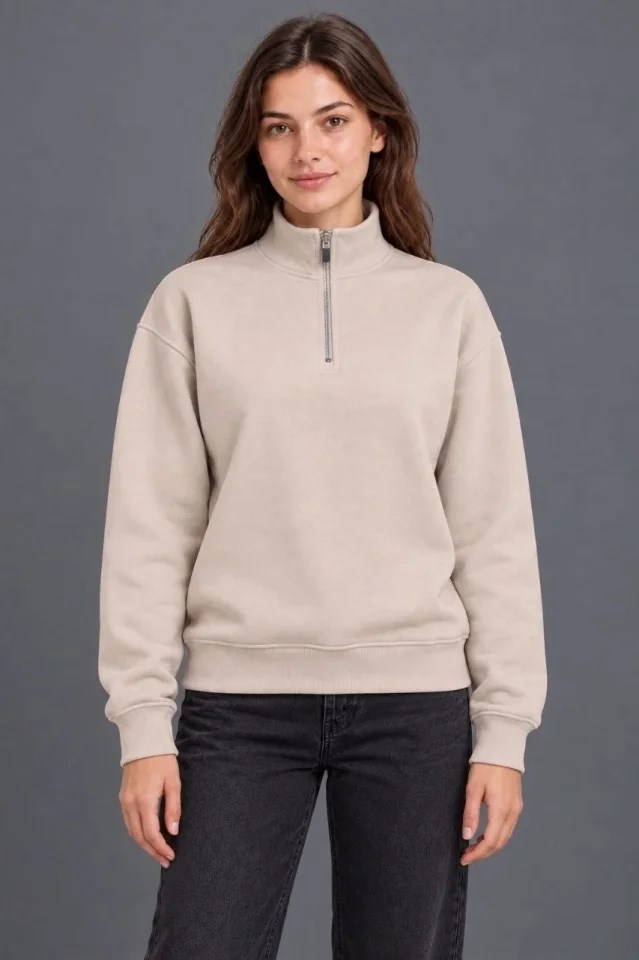 Üç İplik İçi Şardonlu Dik Yaka Yarım Fermuarlı Kışlık Sweatshirt - Bej