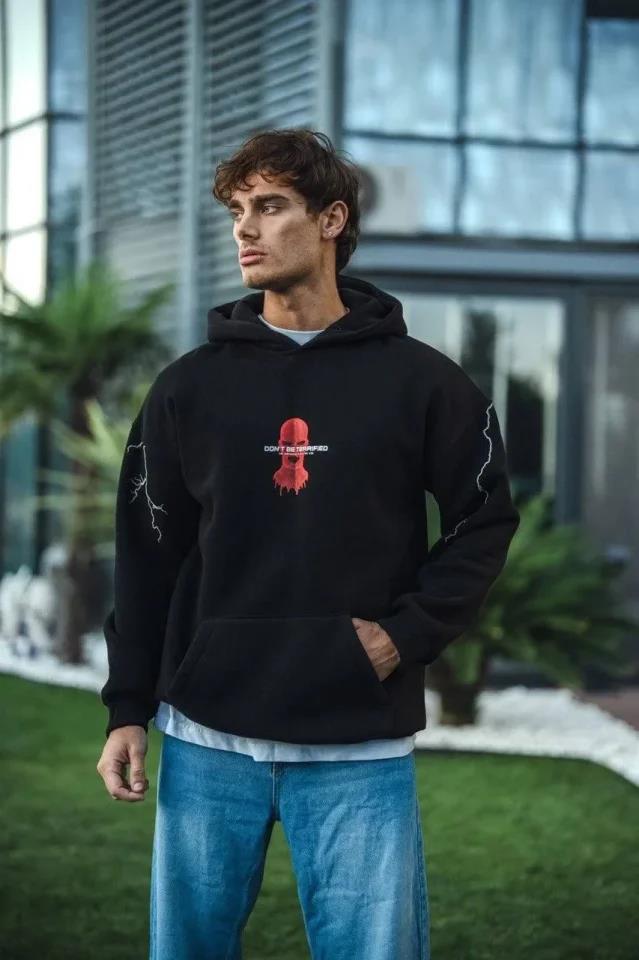 Üç İplik Kapüşonlu Baskılı Oversize SweatShirt- Siyah