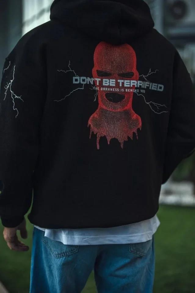 Üç İplik Kapüşonlu Baskılı Oversize SweatShirt- Siyah