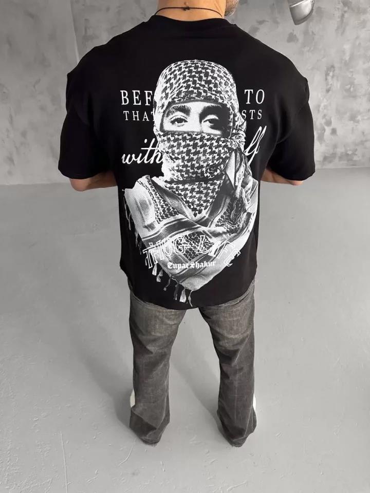 Unisex Baskılı Oversize T-Shirt - Siyah