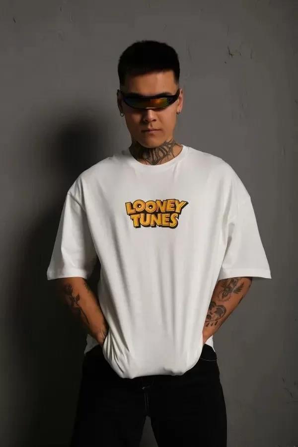 Unisex Bisiklet Yaka Baskılı Oversize T-Shirt - Gri