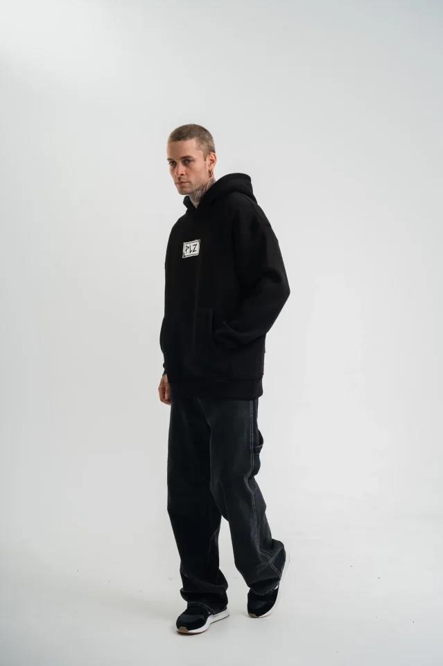 Unisex Kapşonlu Uzun Kol Patchli Nakışlı SweatShirt - Siyah