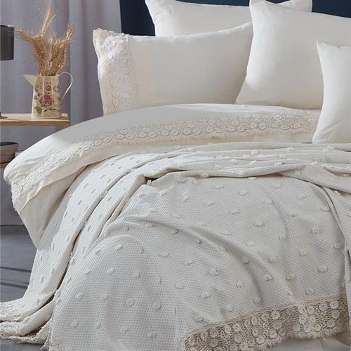 Venüs Krem Dantelli Nevresim Takımı + Pike 7 Parça Set