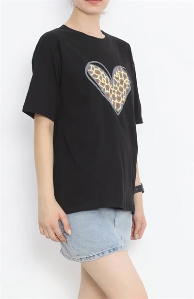 14 Şubat Sevgililer Günü Leopar Kalp Baskılı Oversize Bisiklet Yaka T-shirt - Siyah