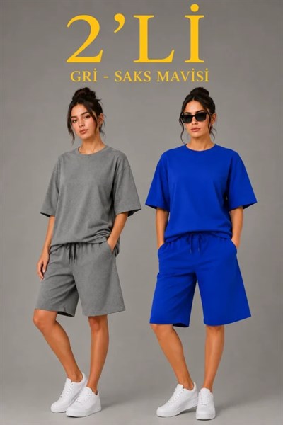 2’li Oversize Tişört Şort Takım Seti Yazlık İki İplik Kumaş - Gri, Saks Mavisi