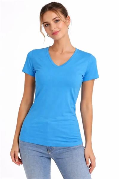 2li V Yaka Tişört – Kısa Kollu Yazlık Slim Fit Body - Nar Çiçeği - Açık Mavi