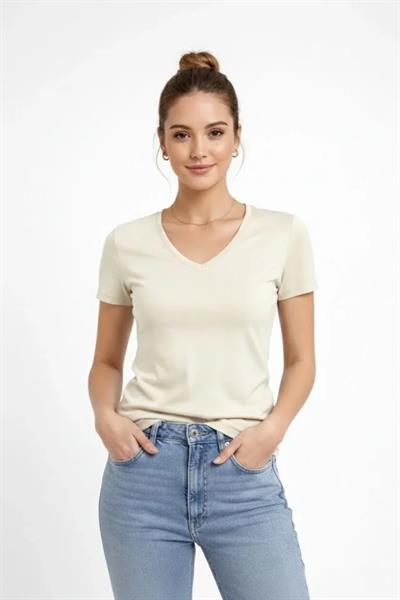 2li V Yaka Tişört – Kısa Kollu Yazlık Slim Fit Body - Saks Mavisi - Ekru