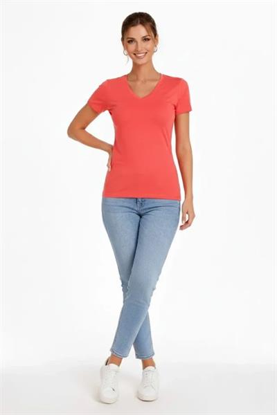 2li V Yaka Tişört – Kısa Kollu Yazlık Slim Fit Body - Nar Çiçeği - Açık Mavi