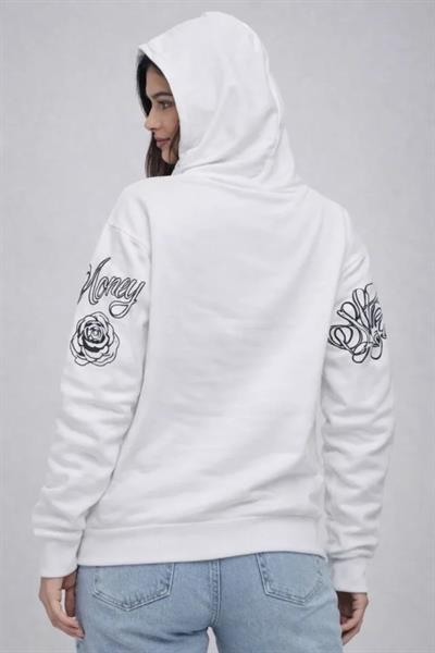 3 İplik Pamuklu Kapüşonlu Baskılı SweatShirt Hoodie - Beyaz