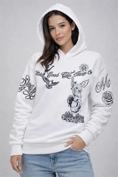 3 İplik Pamuklu Kapüşonlu Baskılı SweatShirt Hoodie - Beyaz