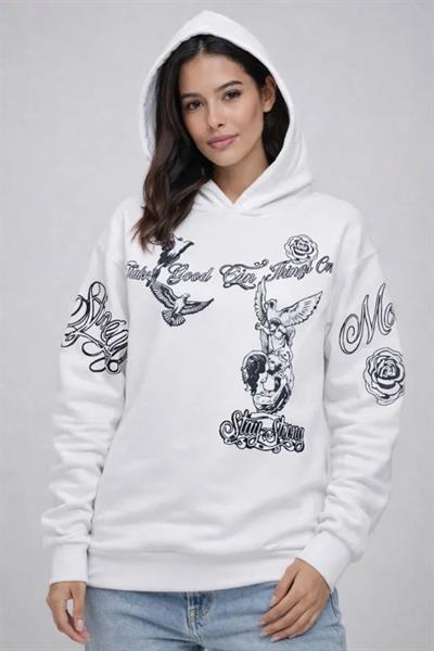 3 İplik Pamuklu Kapüşonlu Baskılı SweatShirt Hoodie - Beyaz
