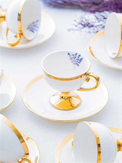 Acar Miranda Beyaz 6 Kişilik Porselen Kahve Fincanı Takımı Gold - 90 Ml