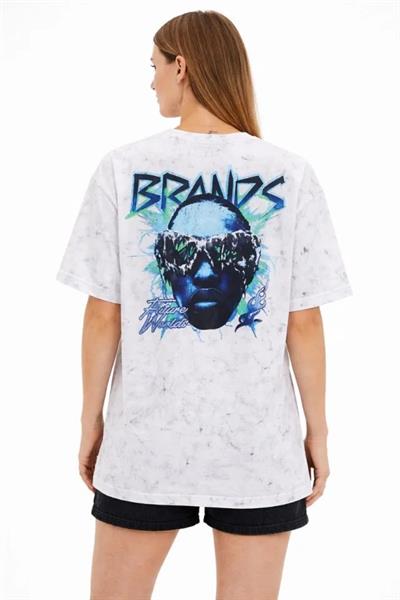Asit Yıkamalı Oversize Tişört Future Worlds Baskılı Bisiklet Yaka Kısa Kollu Streetwear %100 Pamuk Street Style T-Shirt - Beyaz