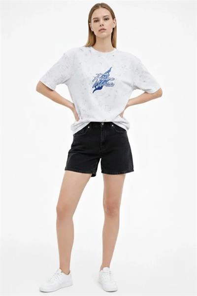 Asit Yıkamalı Oversize Tişört Future Worlds Baskılı Bisiklet Yaka Kısa Kollu Streetwear %100 Pamuk Street Style T-Shirt - Beyaz