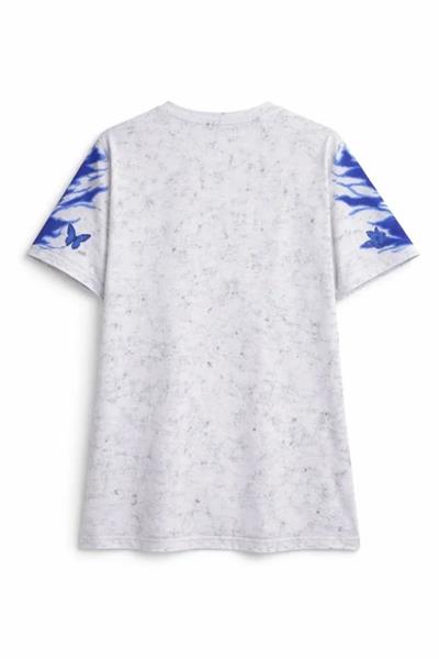 Asit Yıkamalı Oversize Tişört Mavi Kelebek Baskılı Dijital Print Bisiklet Yaka Streetwear T-Shirt - Beyaz