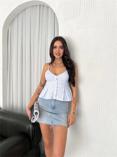 Askılı Dekolte Deraylı Crop - Açık Mavi