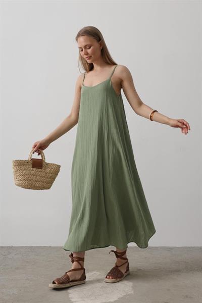 Askılı Uzun Çan Elbise - Haki