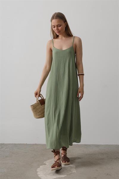 Askılı Uzun Çan Elbise - Haki