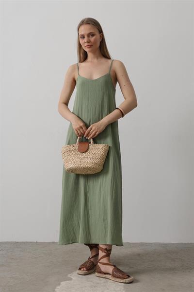 Askılı Uzun Çan Elbise - Haki