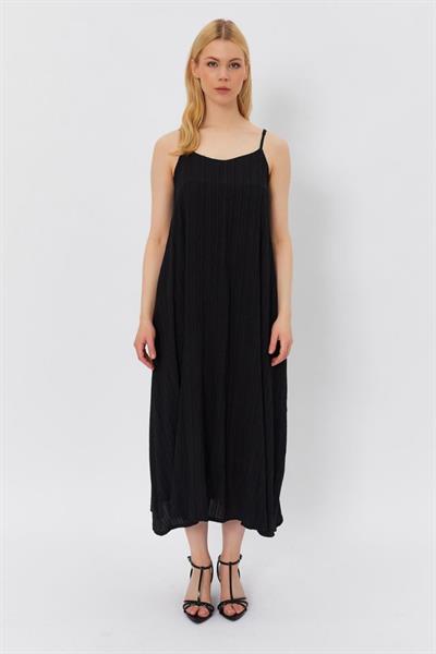 Askılı Uzun Çan Elbise - Siyah
