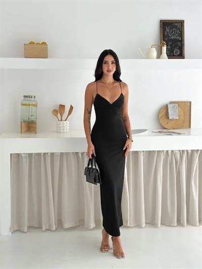 Askılı Uzun Elbise V Yaka Şık Gece Elbisesi Vücuda Oturan - Siyah