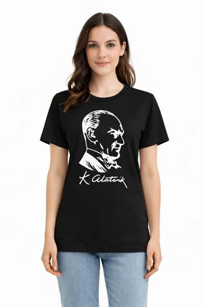 Atatürk Baskılı Tişört Kısa Kollu Bisiklet Yaka T-Shirt - Siyah